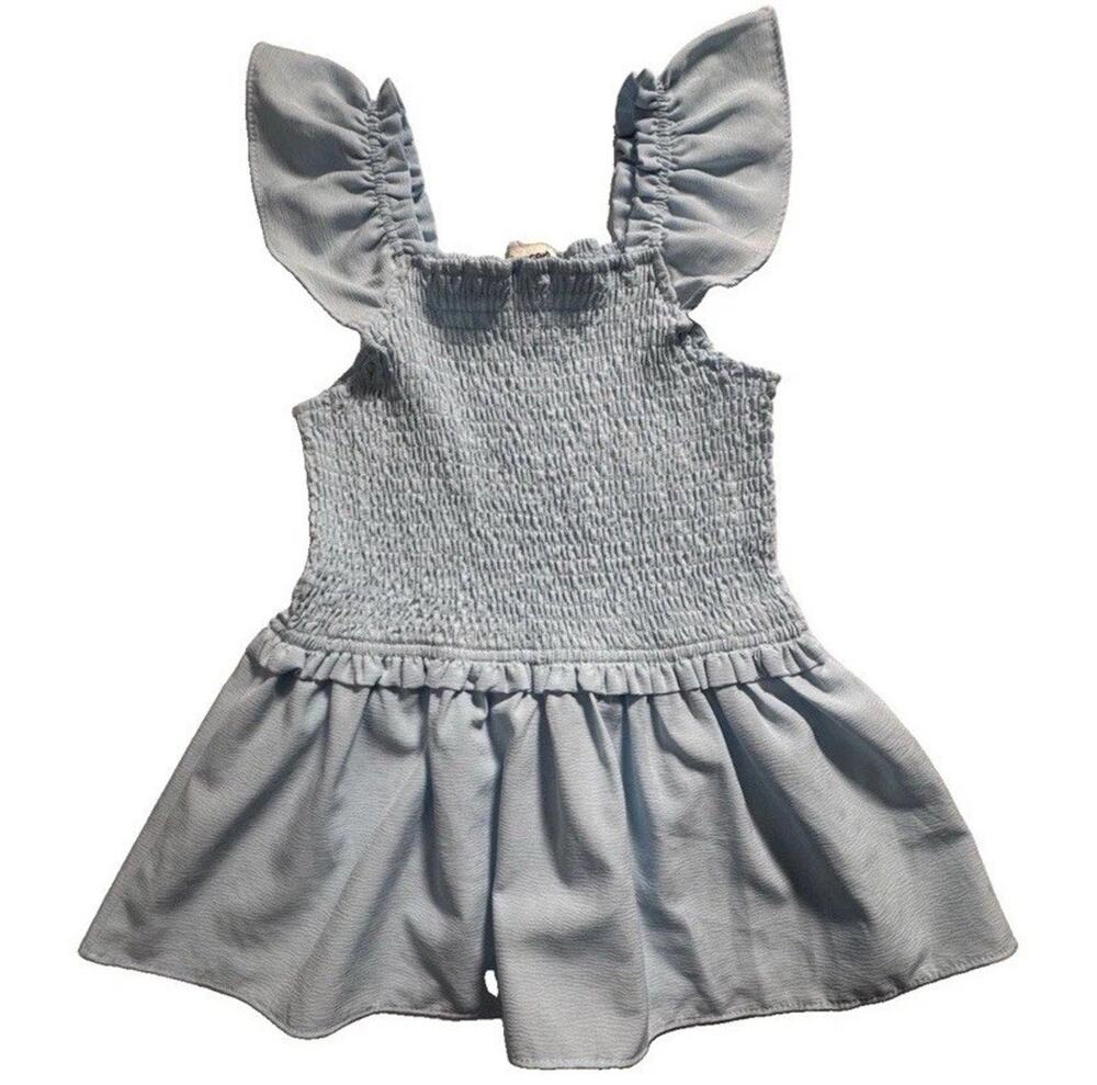 BesserBay Girls Size 150 Blue Smocked Flutter Sleeve Ruffle Dress